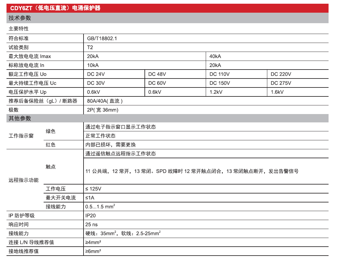 CDY6ZT直流電涌保護(hù)器（低電壓）產(chǎn)品參數(shù)